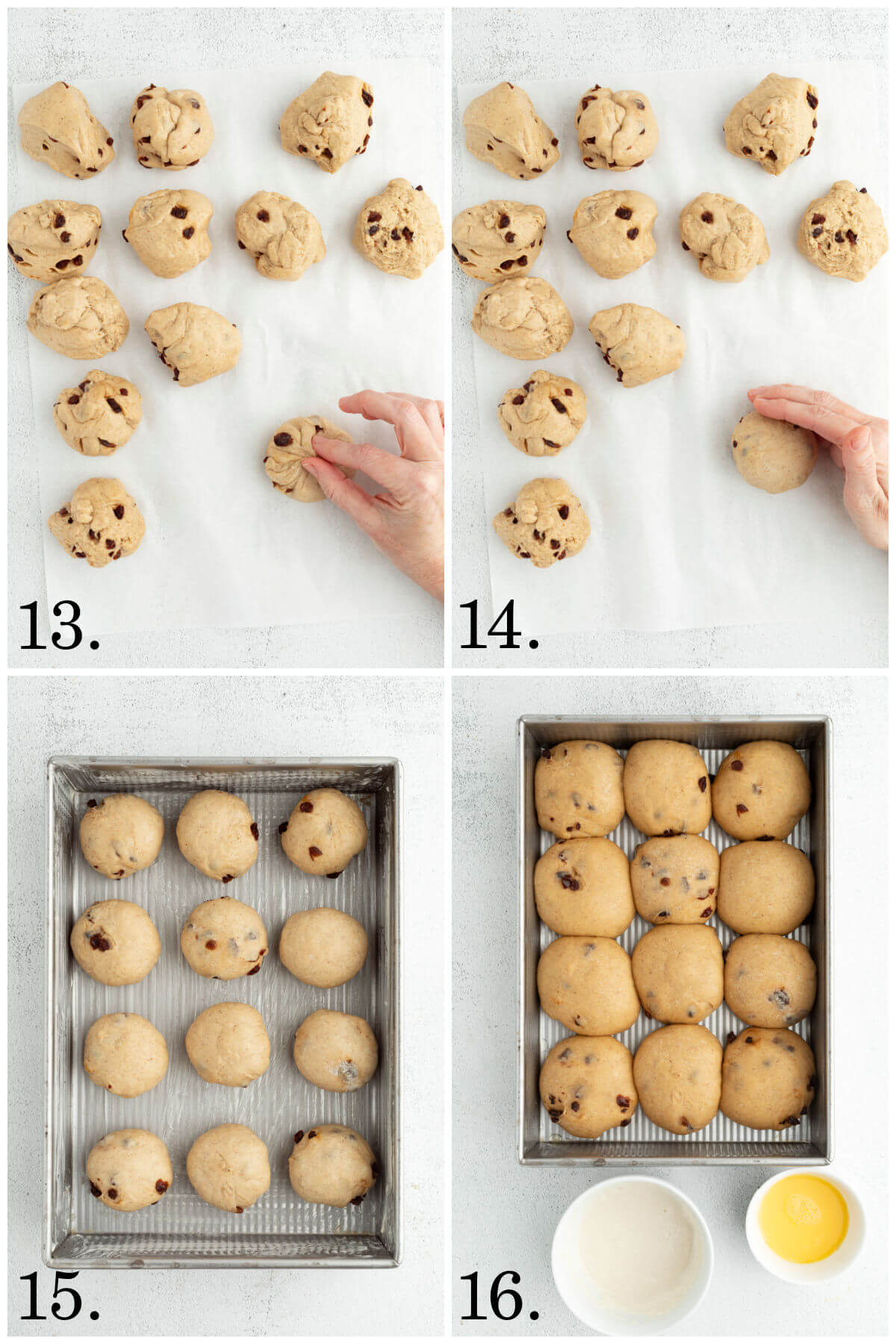 Four photos showing steps 13 through 16 how to shape the sourdough hot cross buns and putting them in baking pan.