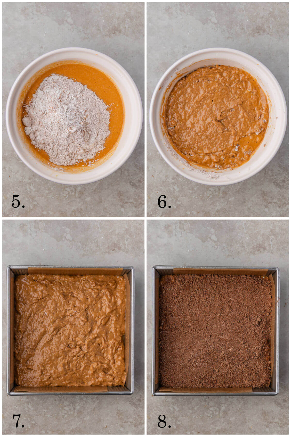 Collage of four photos showing steps 5-8 for how to make sourdough pumpkin coffee cake.
