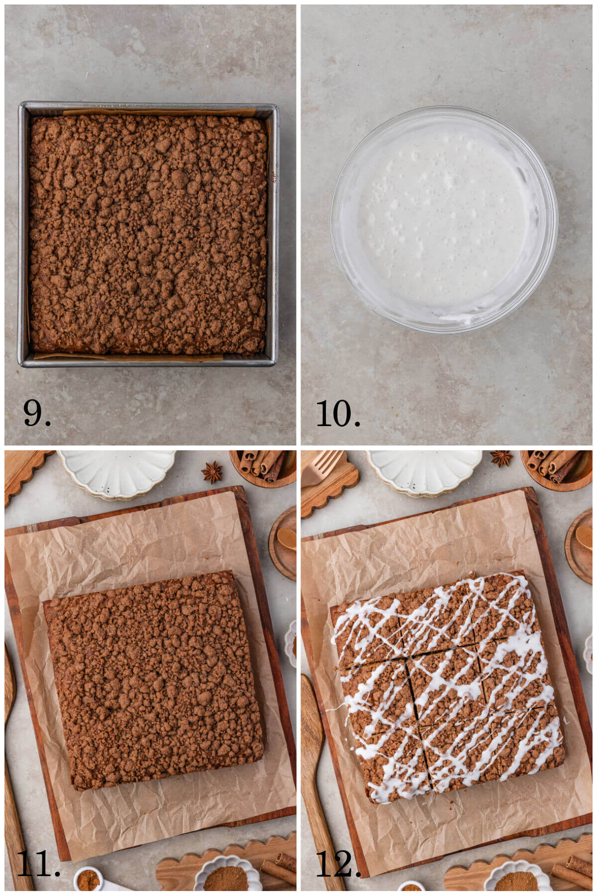Collage of four photos showing steps 9-12 for how to make sourdough pumpkin coffee cake.