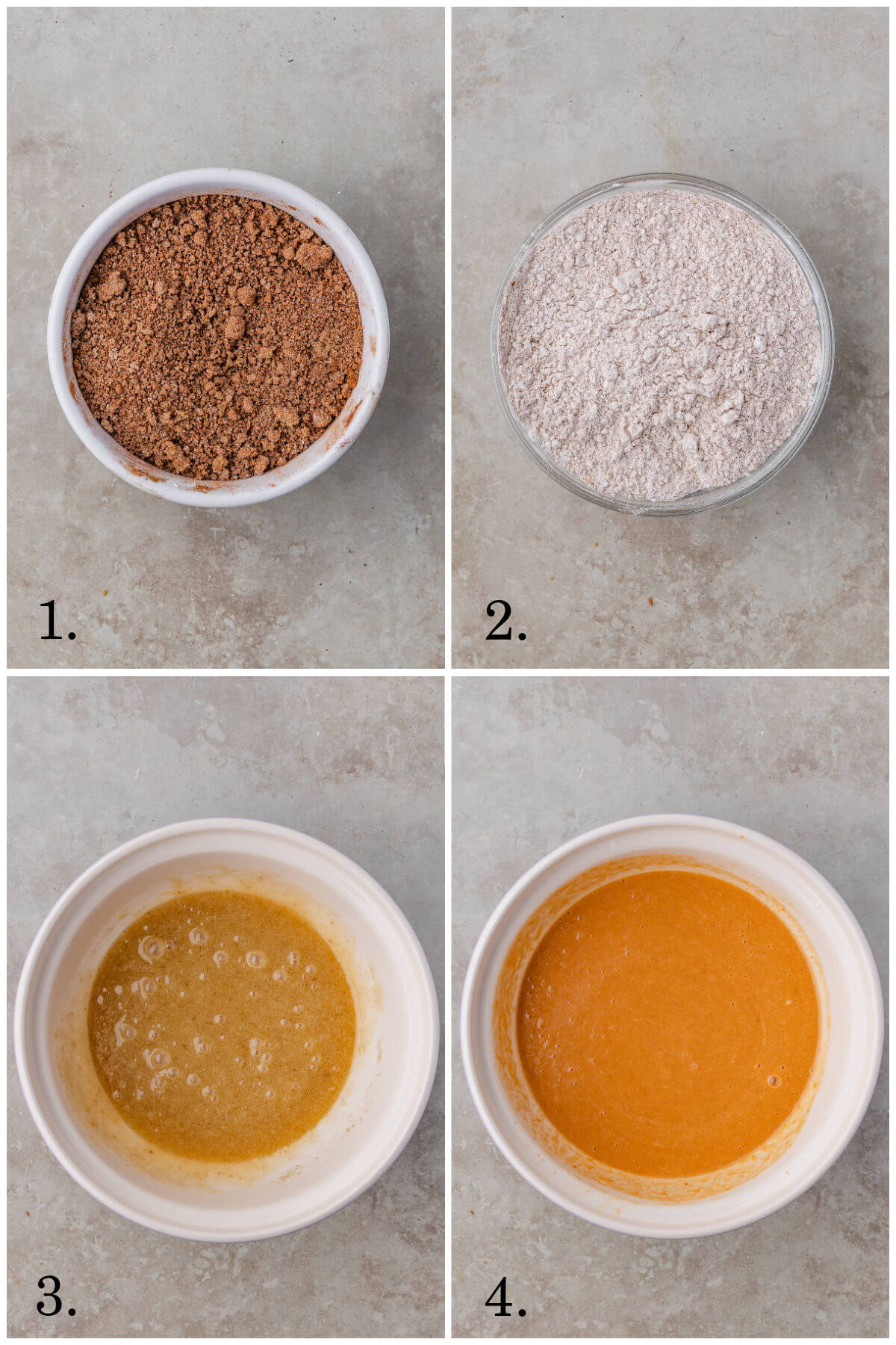 Collage of four photos showing steps 1-4 for how to make sourdough pumpkin coffee cake.