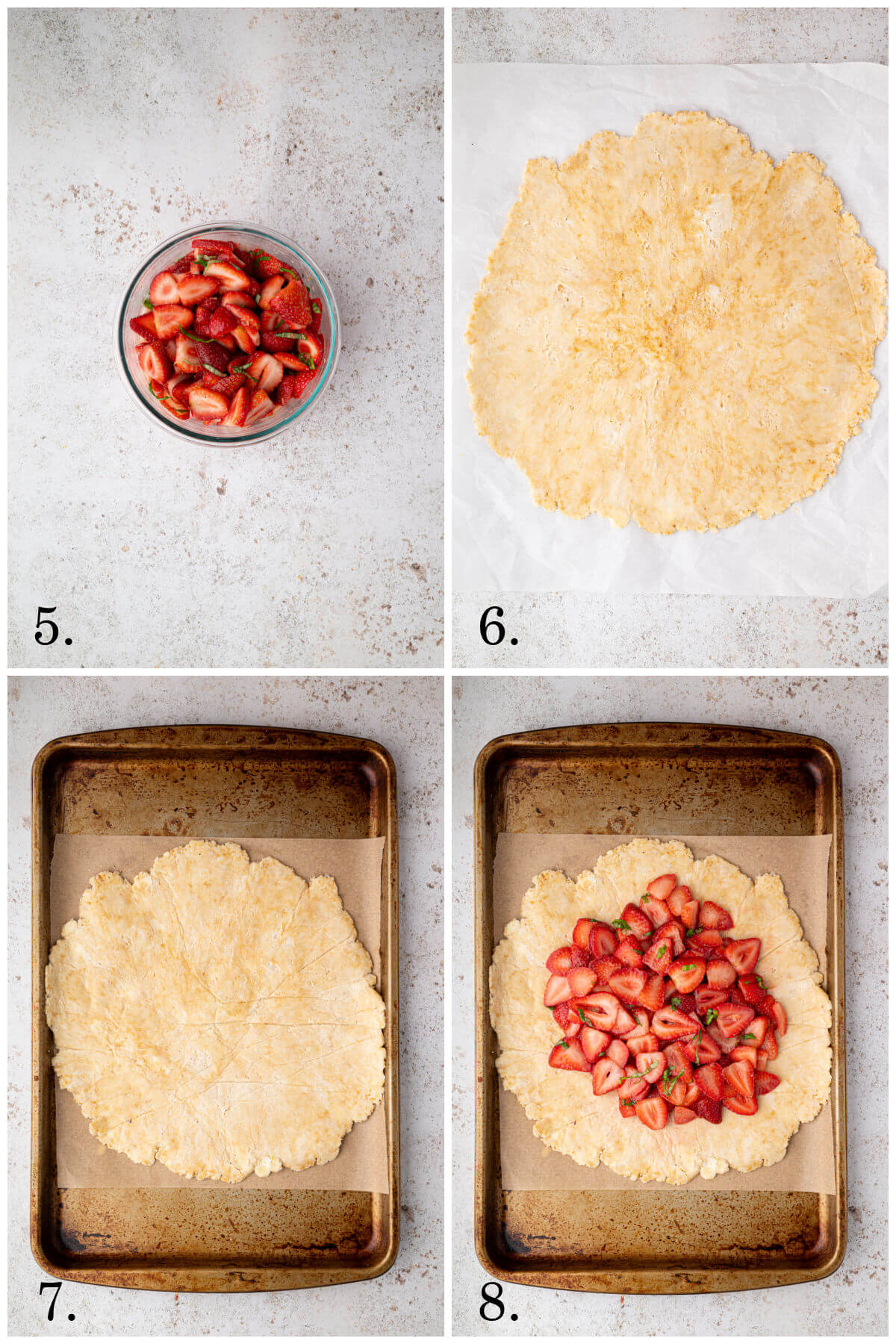 Four photos showing steps 5-8 of the recipe for making sourdough strawberry galette.