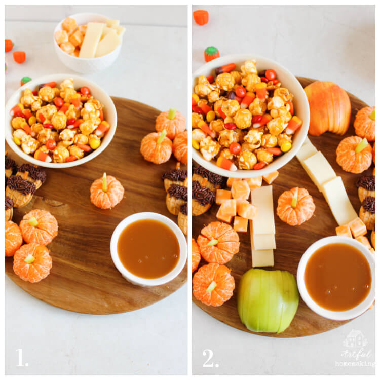 caramel corn, apples, and candy for a fall charcuterie board