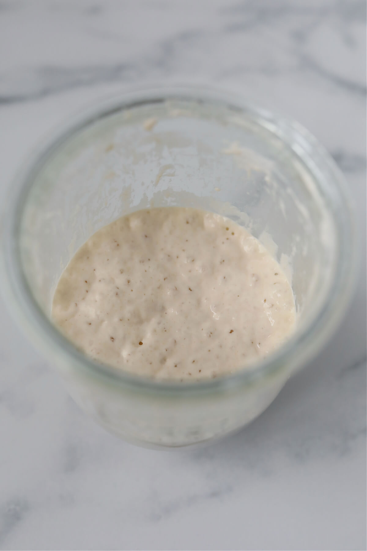 Jar of sourdough starter with bubbles in the top of the starter.