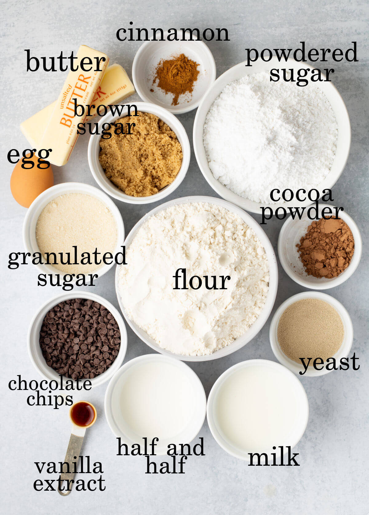 Ingredients used to make chocolate chip cinnamon rolls.