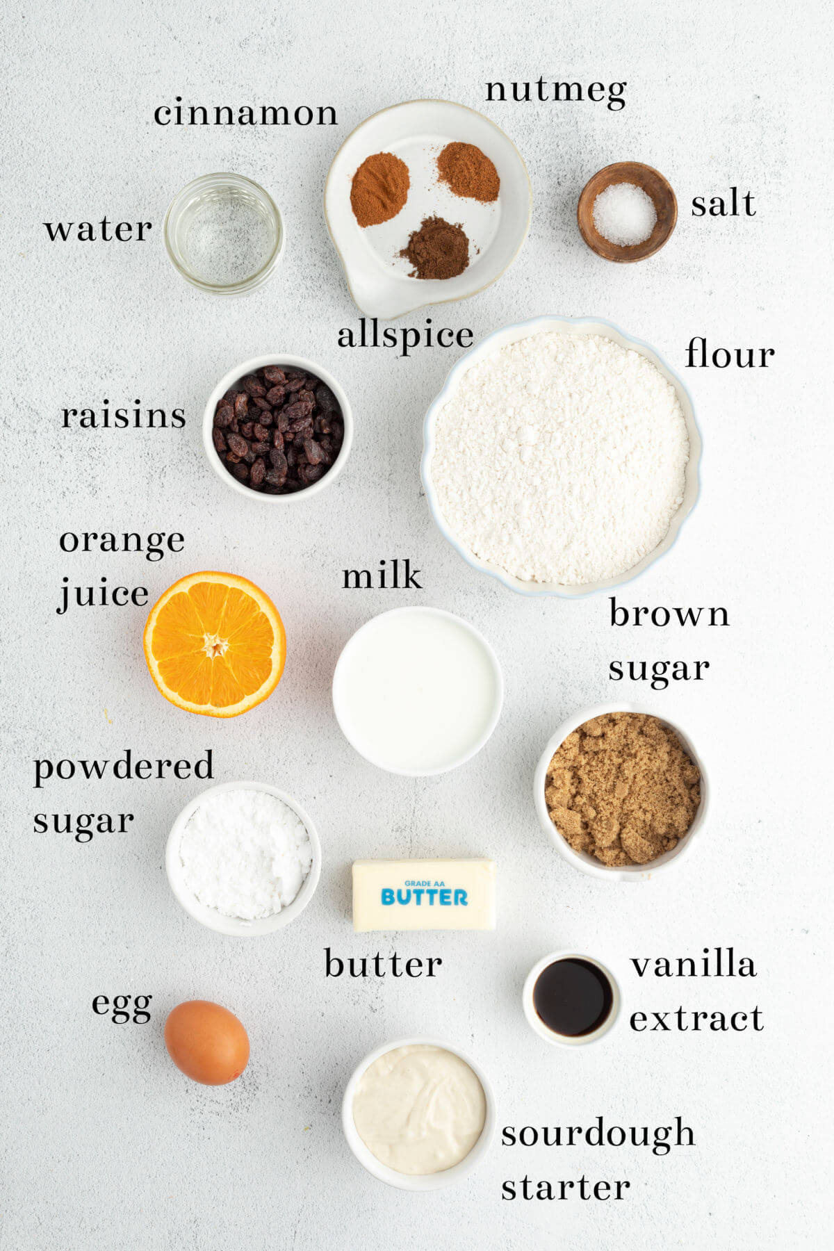 Photo of ingredients for recipe in small bowls on a countertop.