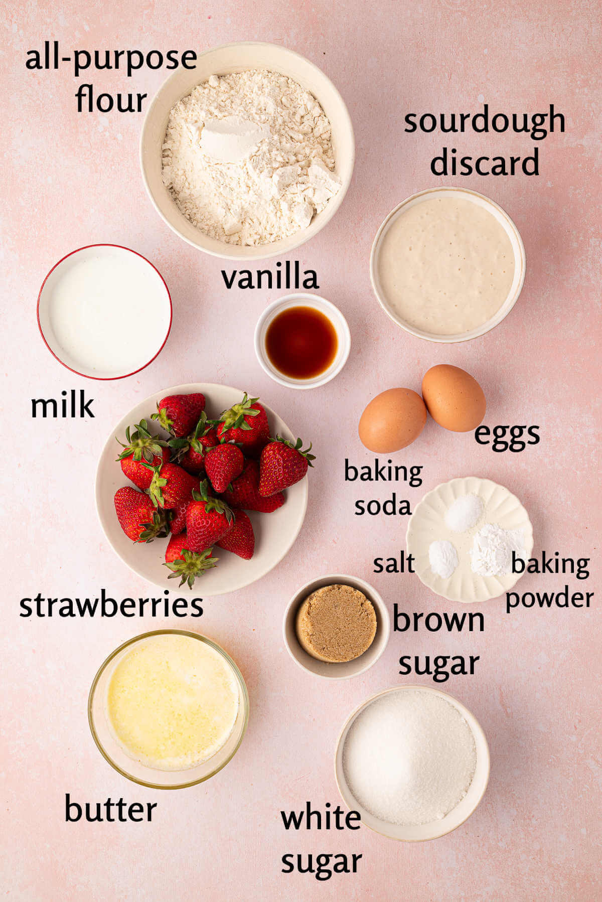 Ingredients for sourdough strawberry muffins in small bowls.