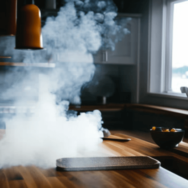 kitchen filled with smoke from burnt popcorn