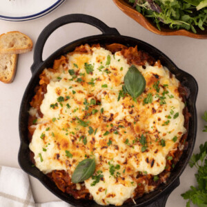 Skillet lasagna in a cast iron skillet.