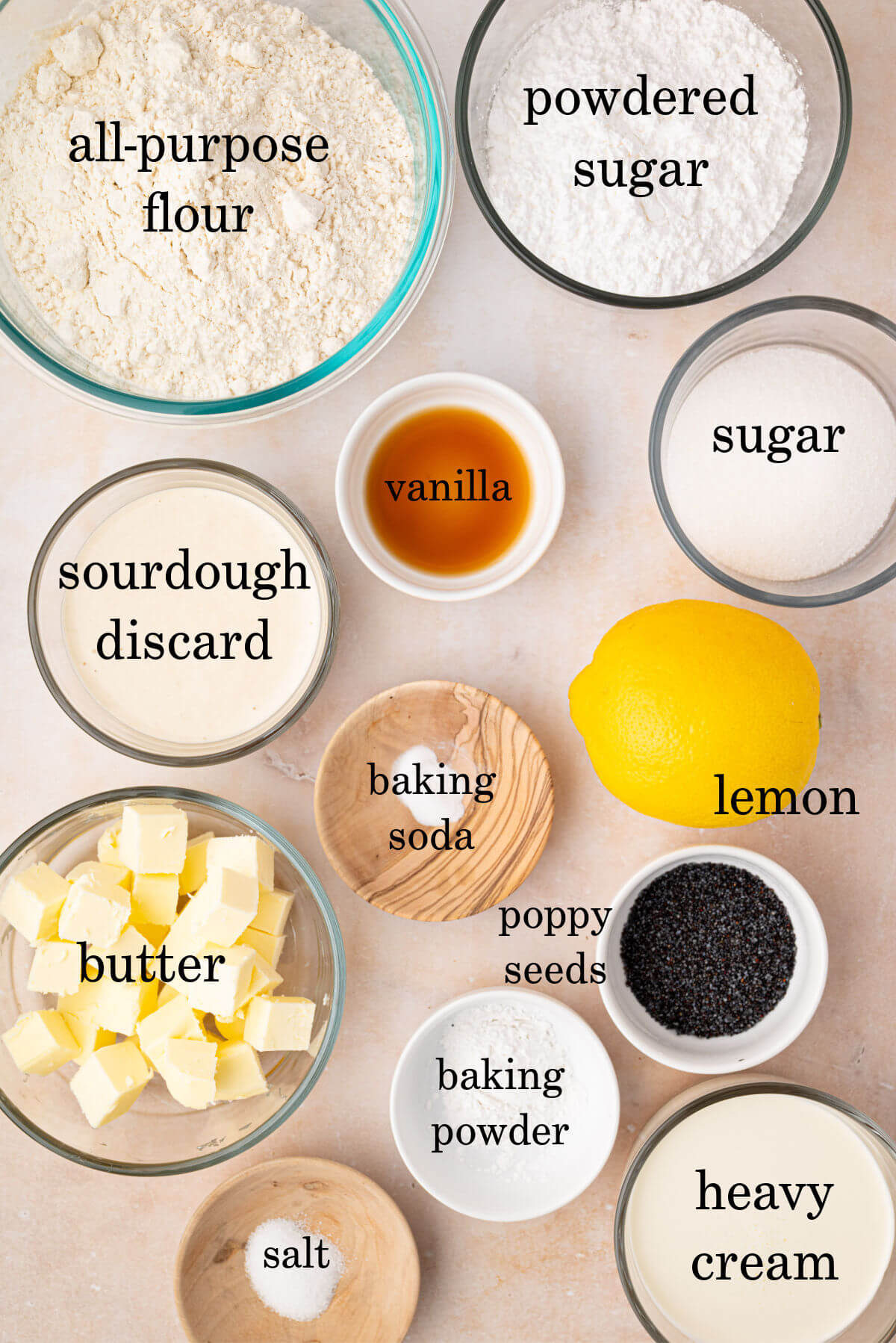 Ingredients in small bowls with text overlay labeling each ingredient.