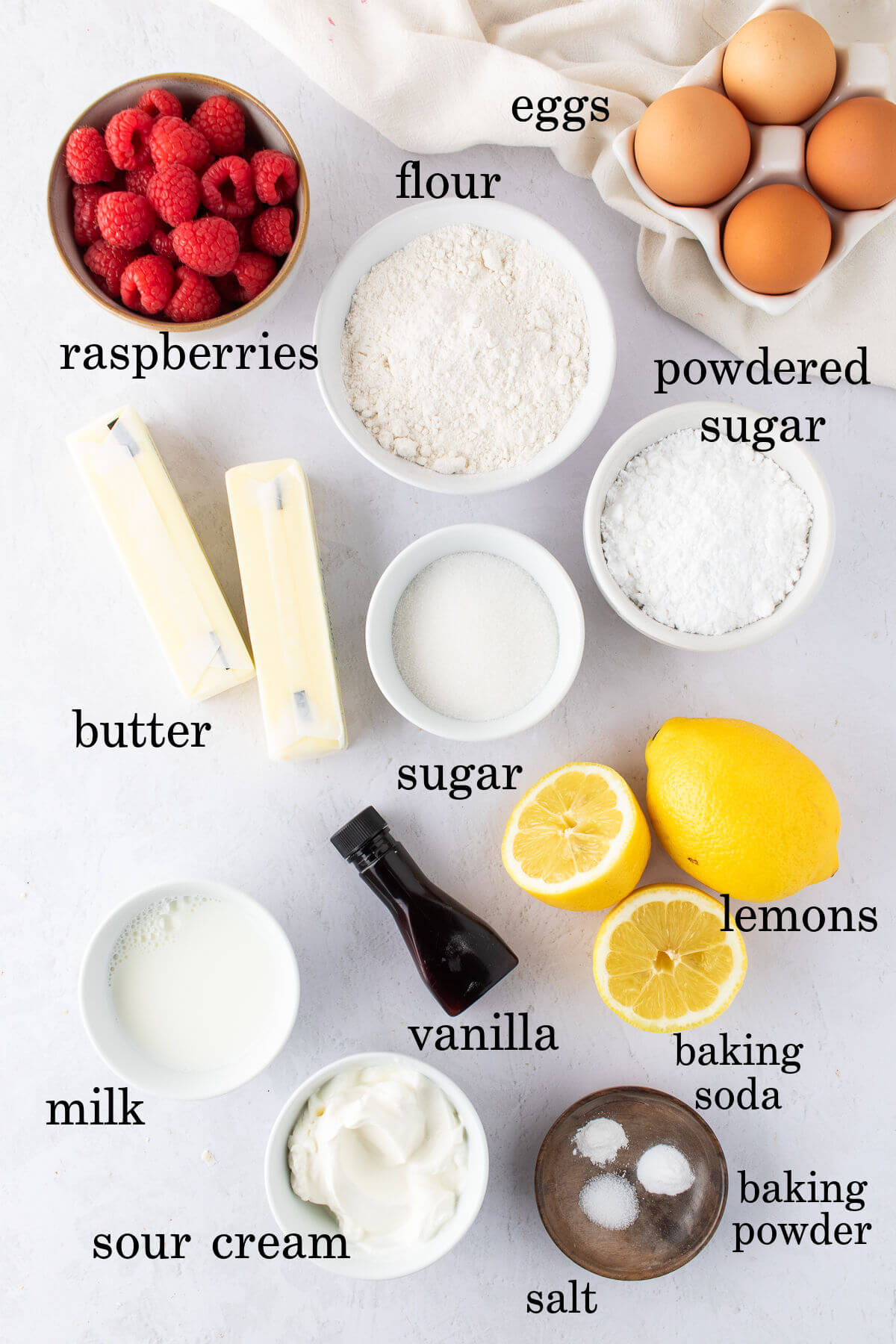 Ingredients for lemon raspberry bundt cake.
