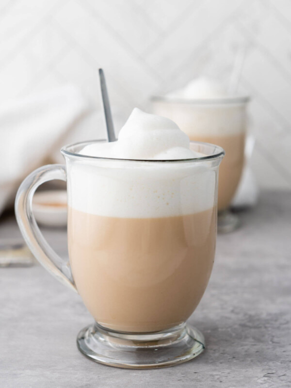 London Fog tea in a clear glass.