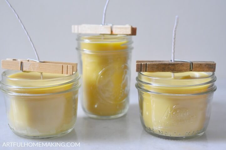 homemade beeswax candles in jars