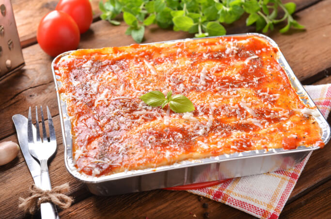 microwave lasagna in aluminum pan