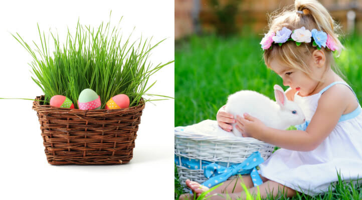 natural easter basket and girl with rabbit