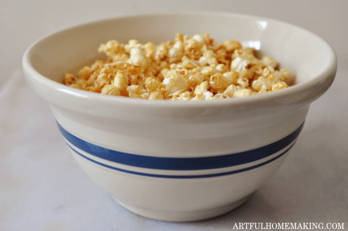 stoneware bowl of caramel popcorn