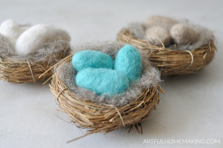 needle felted eggs in nest