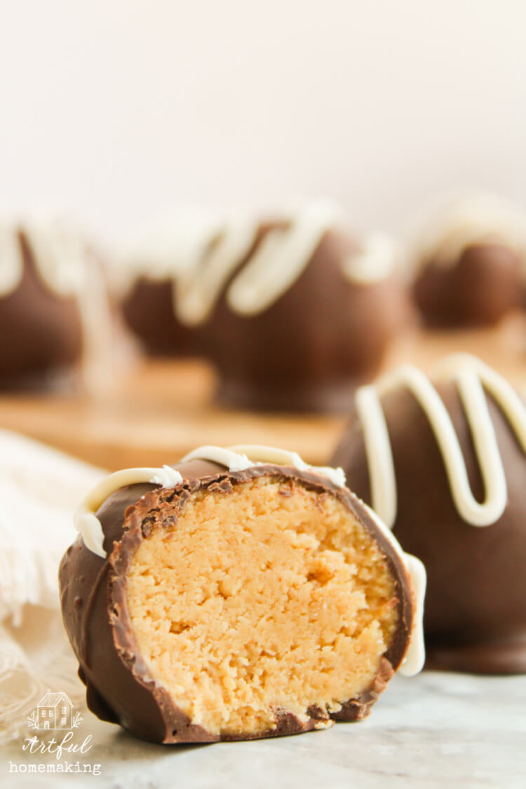 a chocolate peanut butter ball cut in half