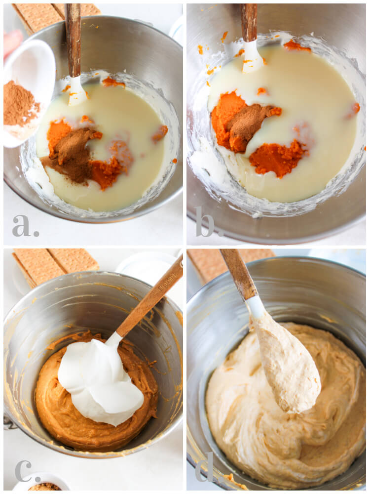 steps showing how to make no bake pumpkin cheesecake cups