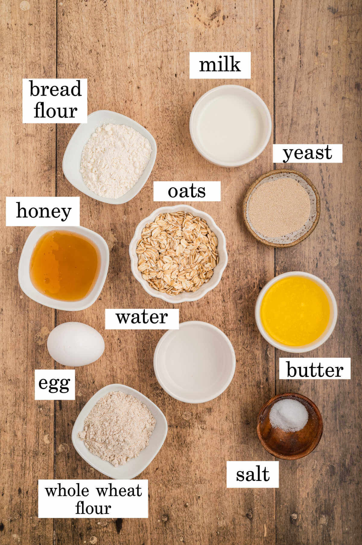 Ingredients used to make oatmeal dinner rolls.
