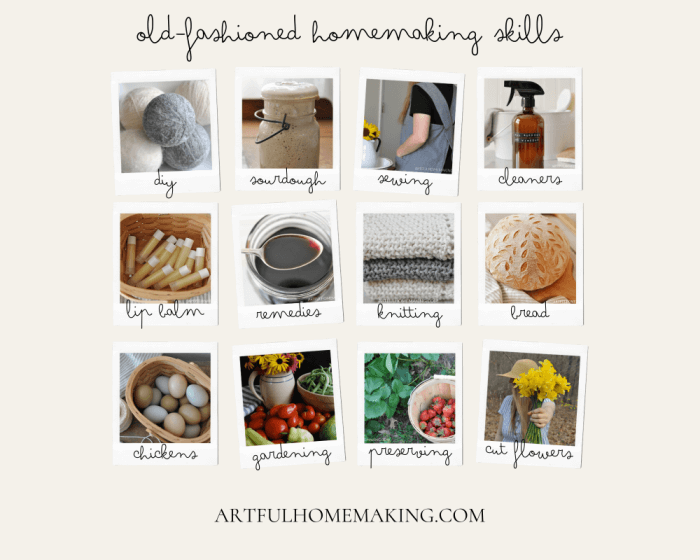 a photo collage representing old-fashioned homemaking skills like sourdough, sewing, making homemade cleaners, knitting, baking, keeping chickens, and gardening