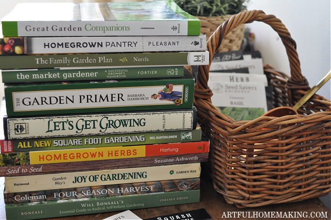 gardening books and seed basket