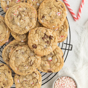 top down view of peppermint chocolate chip cookies on a round wire cooling rack