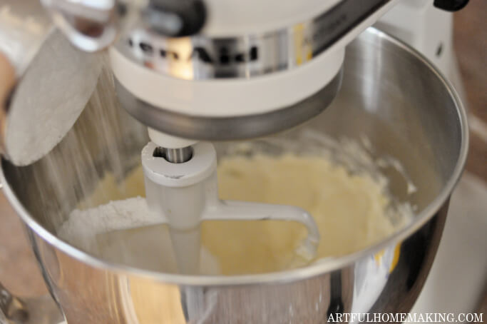 cream cheese frosting in mixer bowl