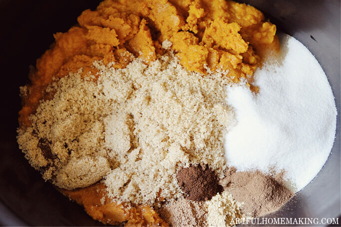 pumpkin, brown sugar, white sugar, and spices in crock pot