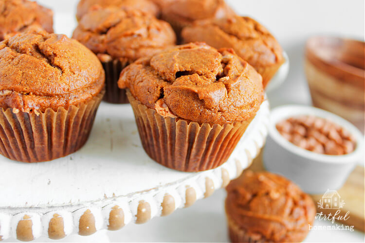 pumpkin butterscotch muffins on a tray
