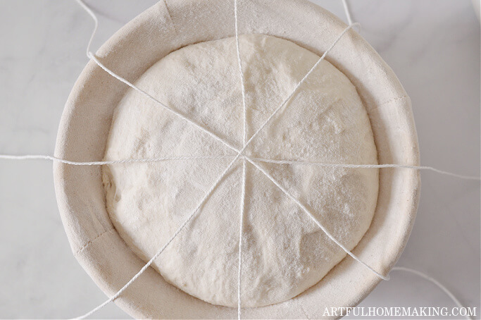 floured dough in banneton basket with kitchen twine draped over it