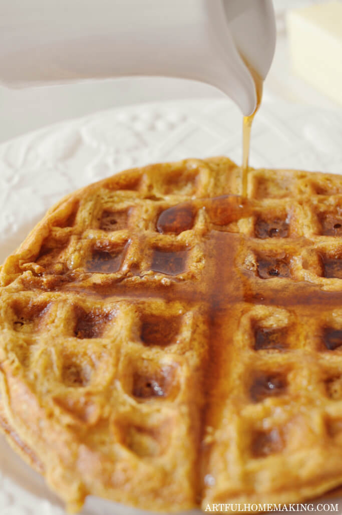 healthy pumpkin waffles with maple syrup