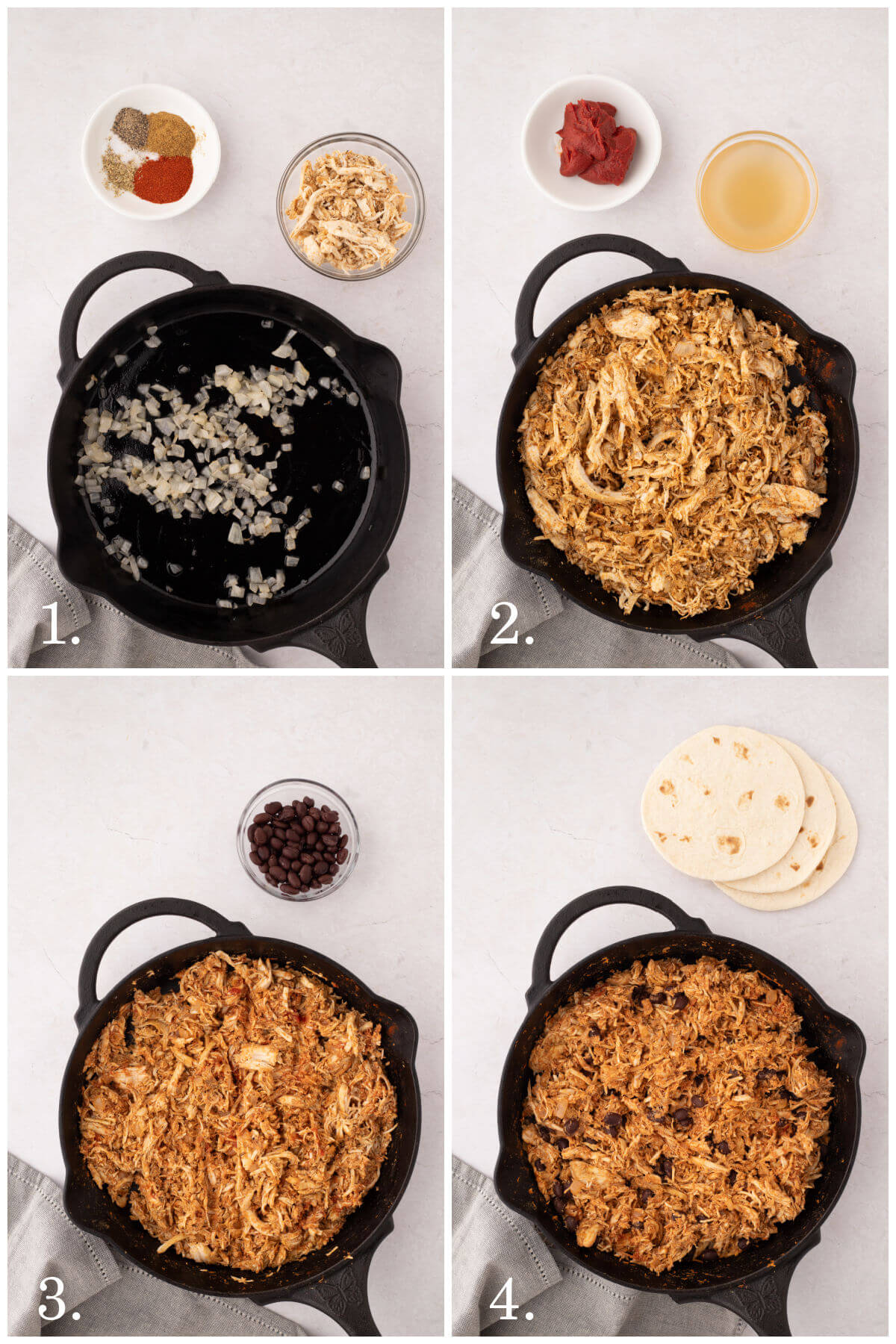 Collage of four photos showing steps for how to make this rotisserie chicken tacos recipe.