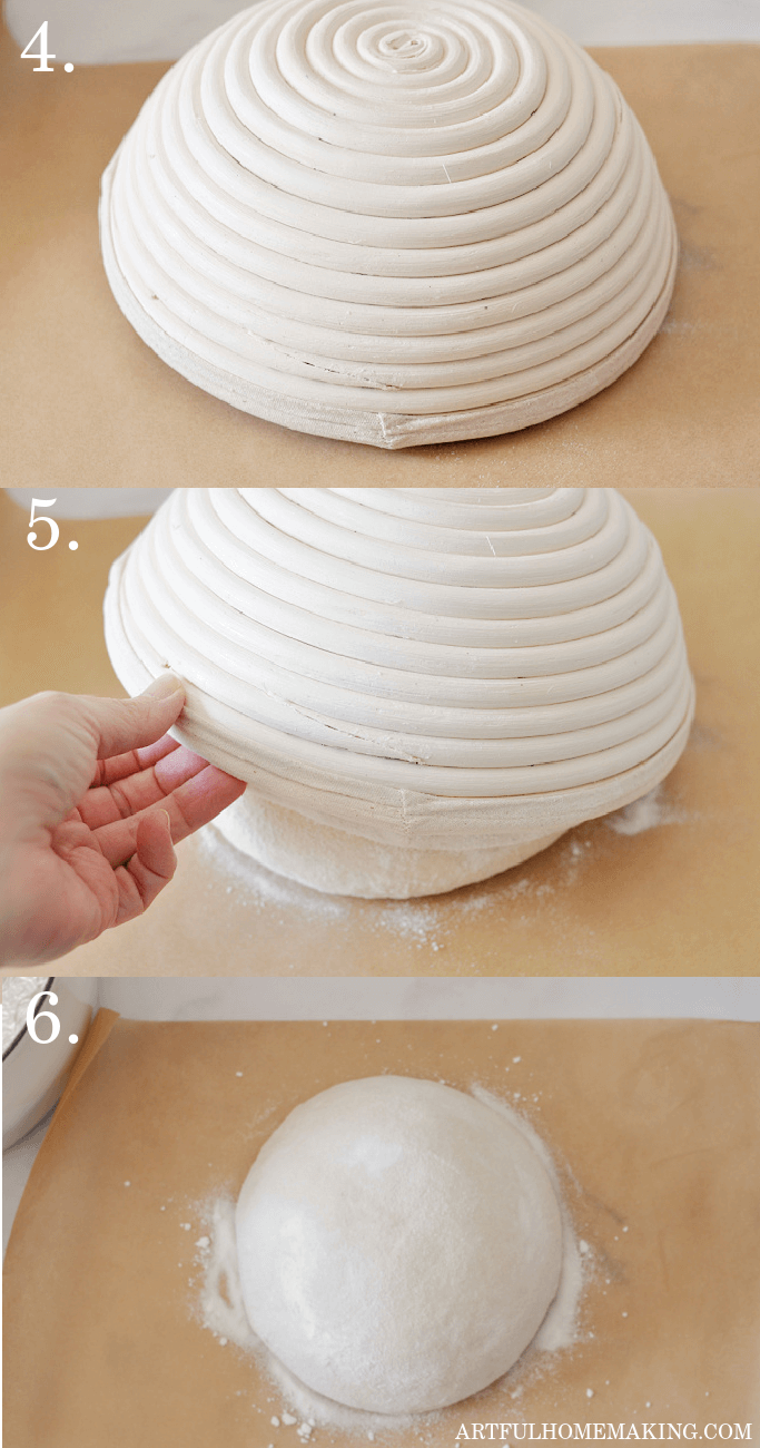 top photo shows upside down proofing basket, middle photo lifting basket off of dough, last photo shows proofed dough