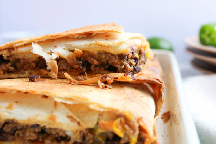 ground beef sheet pan quesadillas cut into squares