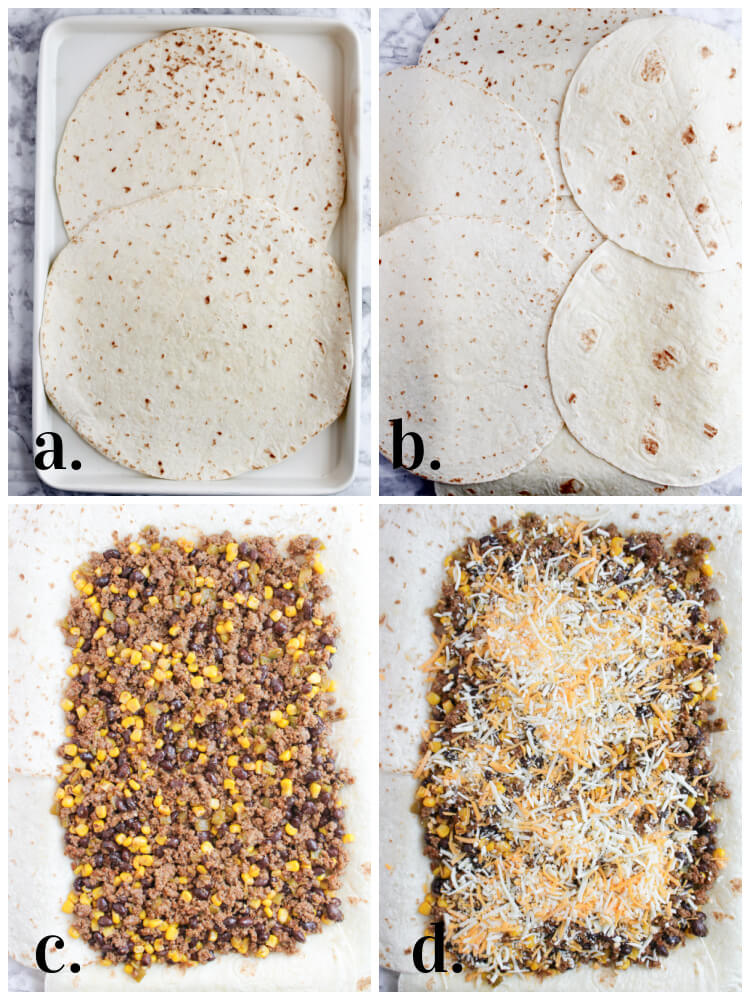photos of steps a through d of making ground beef sheet pan quesadillas