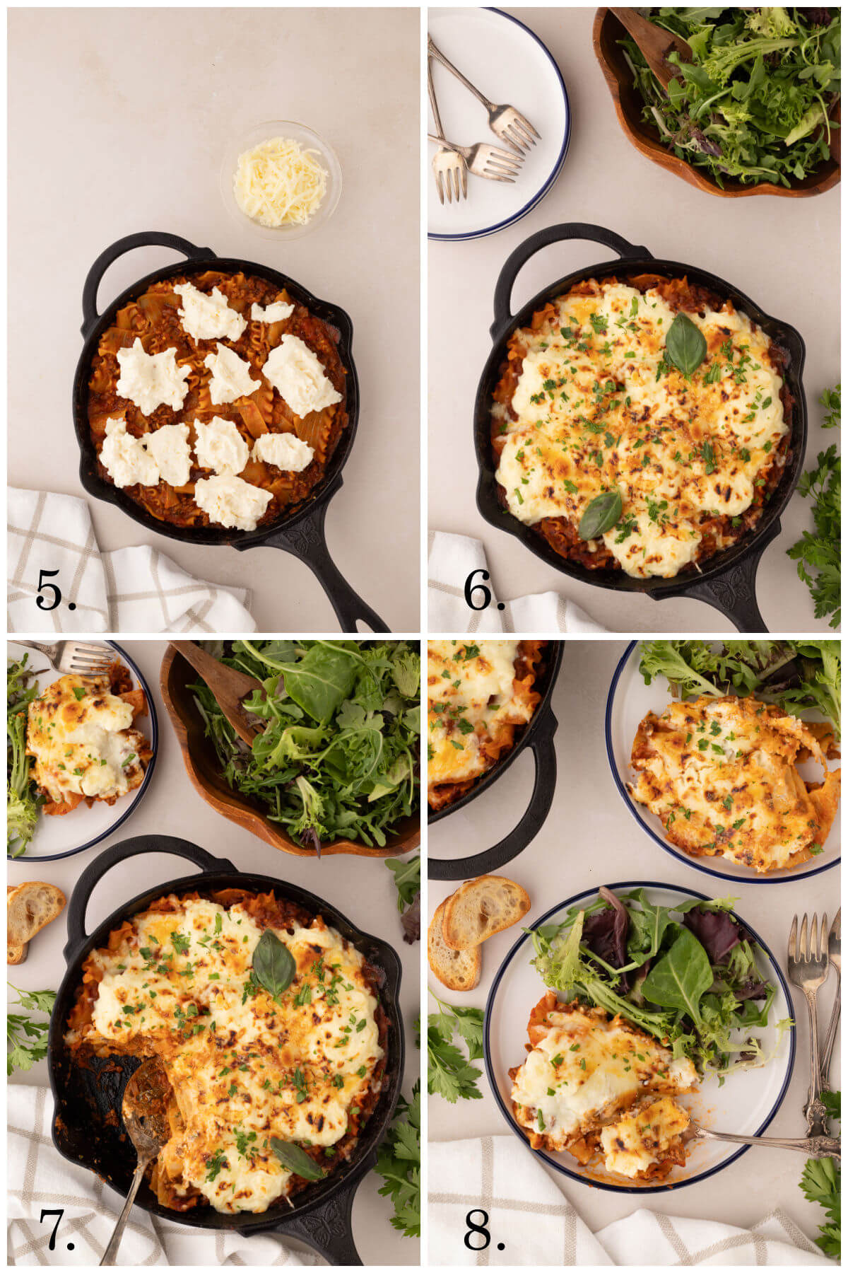 Collage of 4 photos showing how to make skillet lasagna.