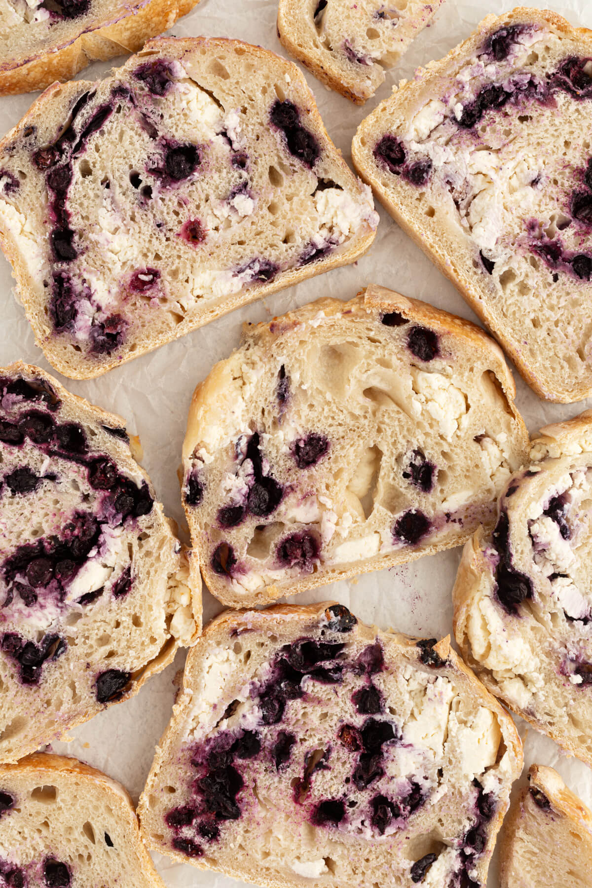 top down view of sliced blueberry cream cheese sourdough bread