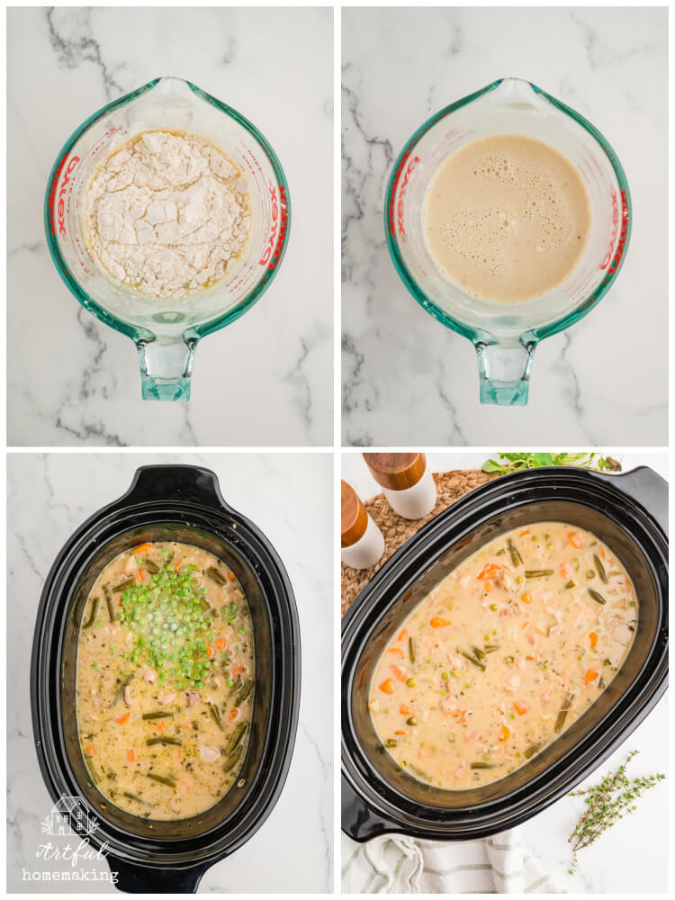 four photos showing recipe steps: top two photos show flour and cream being mixed in a glass measuring cup, and bottom two photos show crockpot insert with cream and peas being mixed in