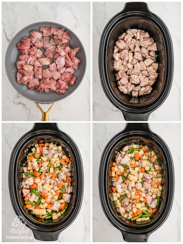 four photos showing recipe steps: first photo shows chicken searing in a pan, second photo with chicken in a crockpot, and last two photos with ingredients in crockpot