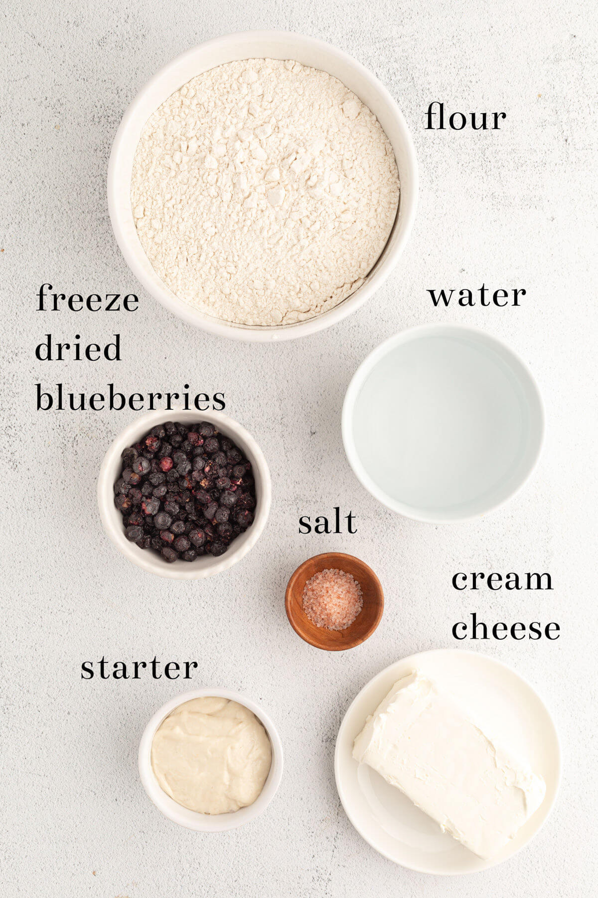 top down view of ingredients in small bowls