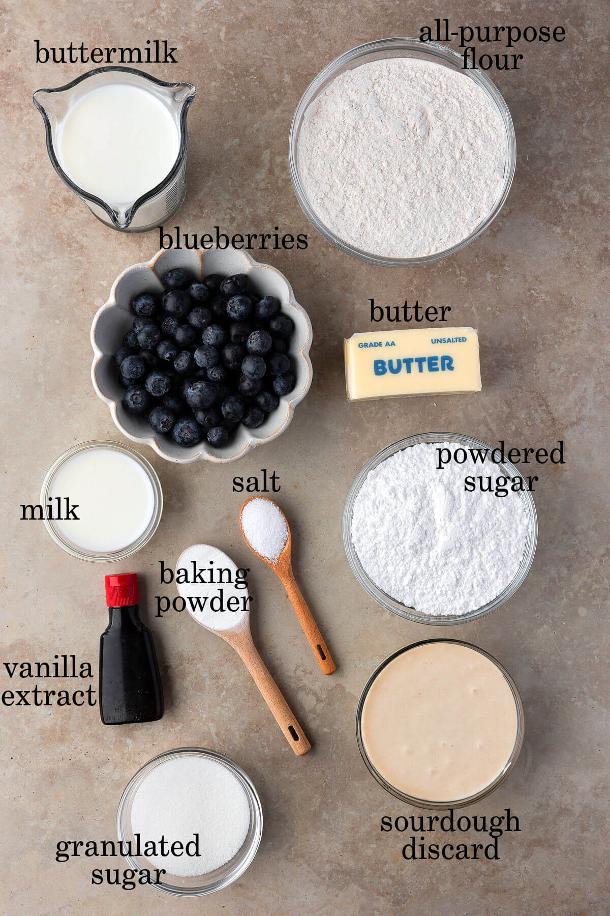 Ingredients in small bowls with text overlay labeling each ingredient.