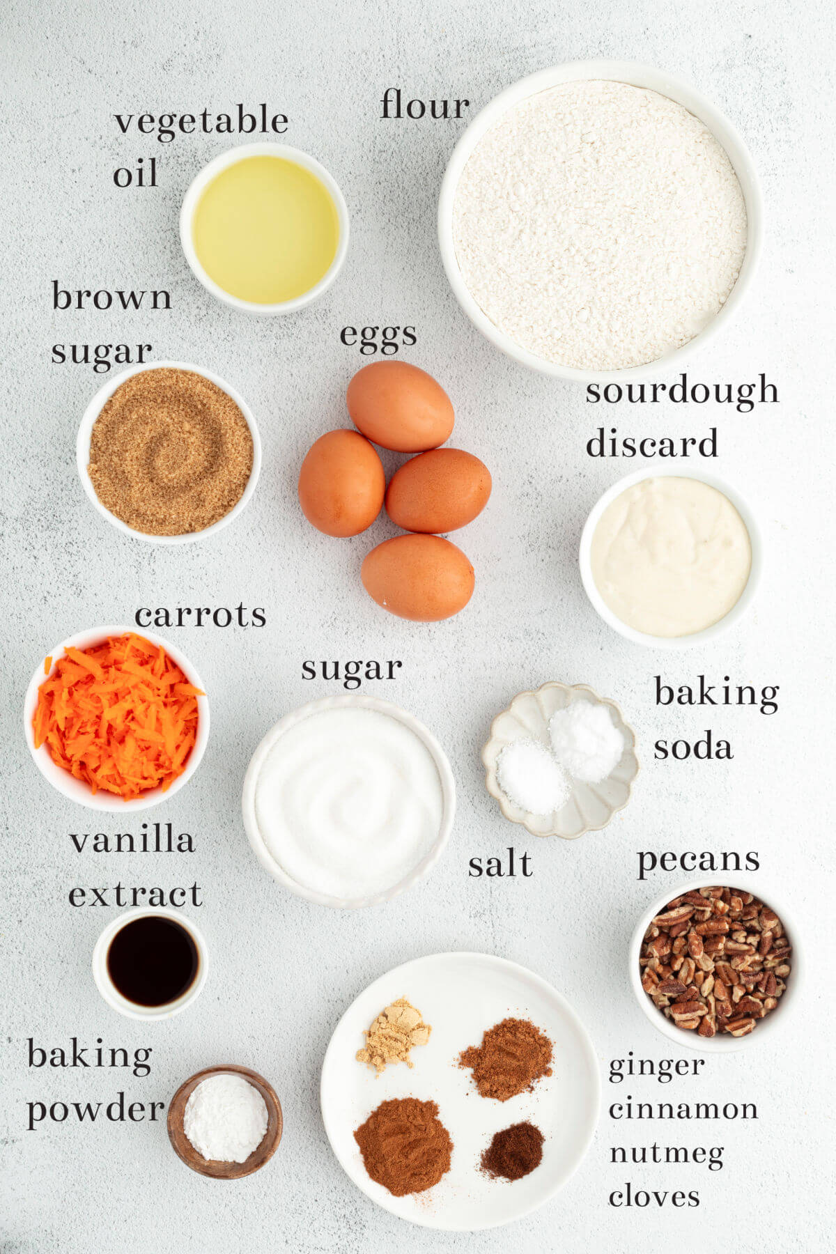 Ingredients in small bowls with text overlay labeling each ingredient.