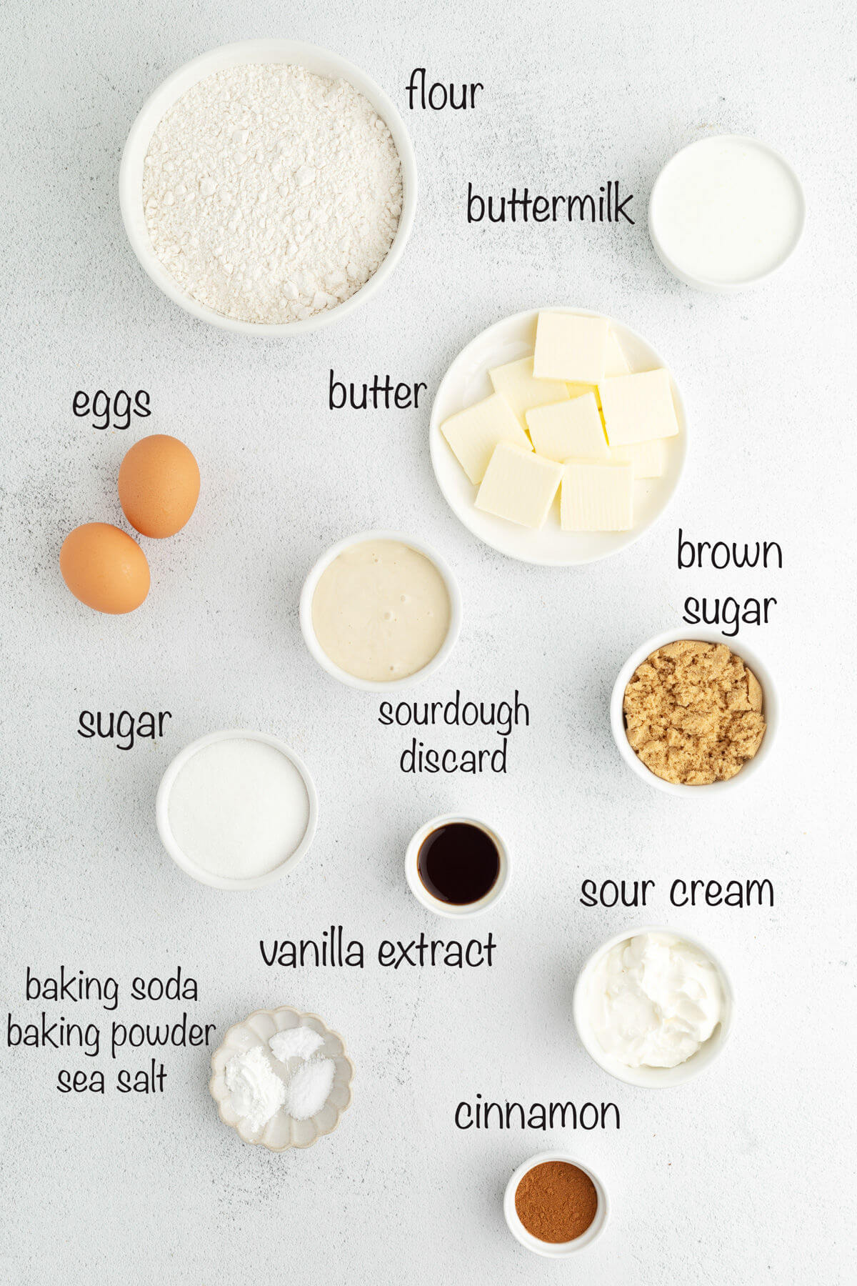 Sourdough coffee cake ingredients in small bowls with text overlay labeling each ingredient.