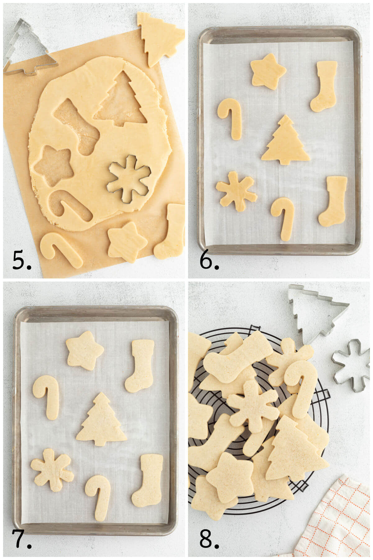 Collage of four photos showing steps 5-8 for how to make sourdough cut out cookies.