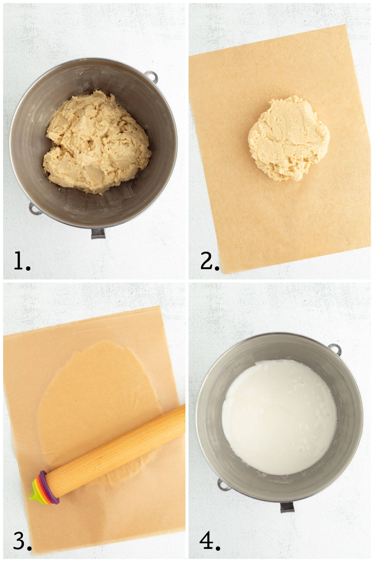 Collage of four photos showing steps 1-4 for how to make sourdough cut out cookies.