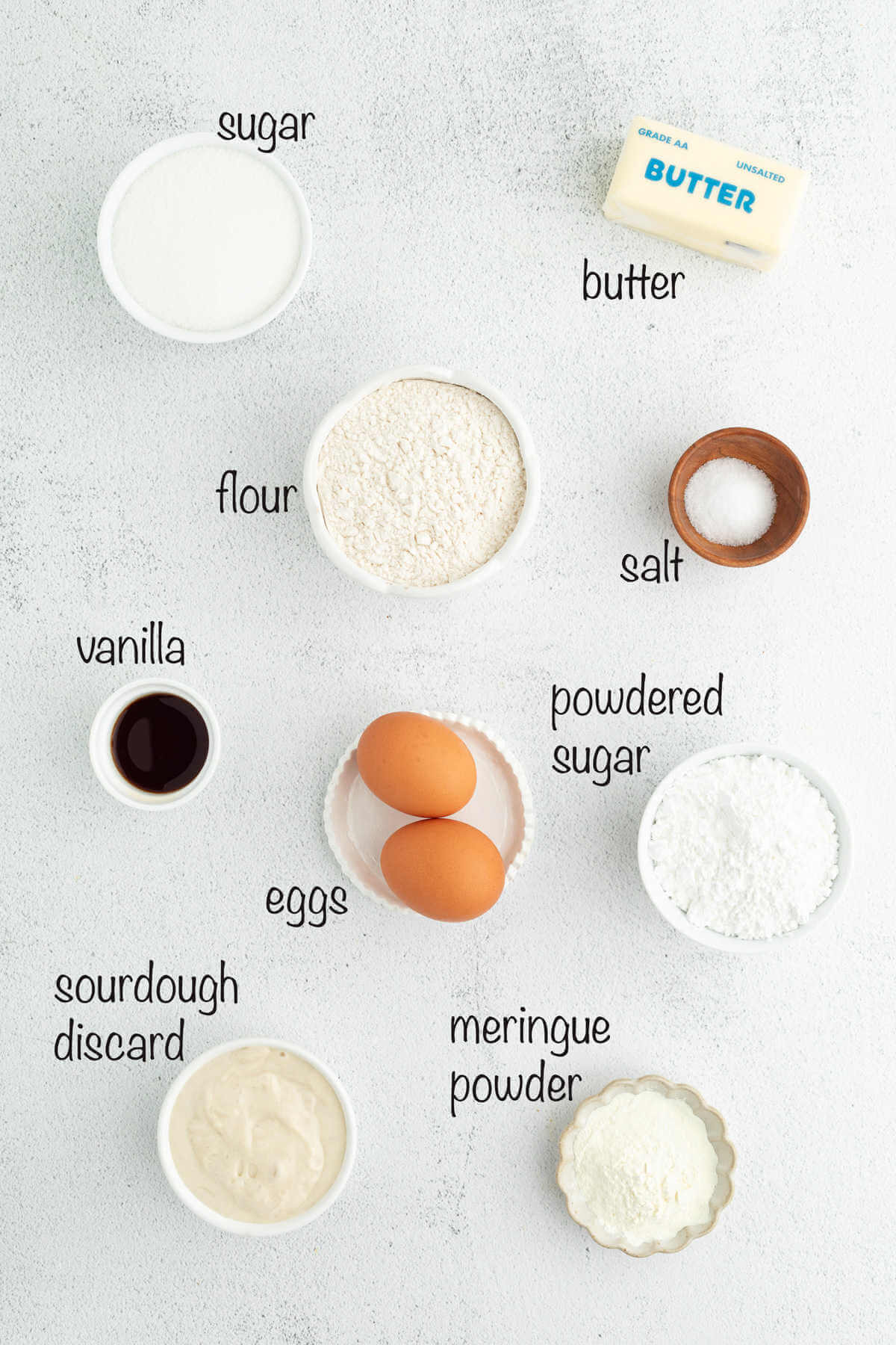 Sourdough cut out cookie ingredients with text overlay labeling each ingredient.