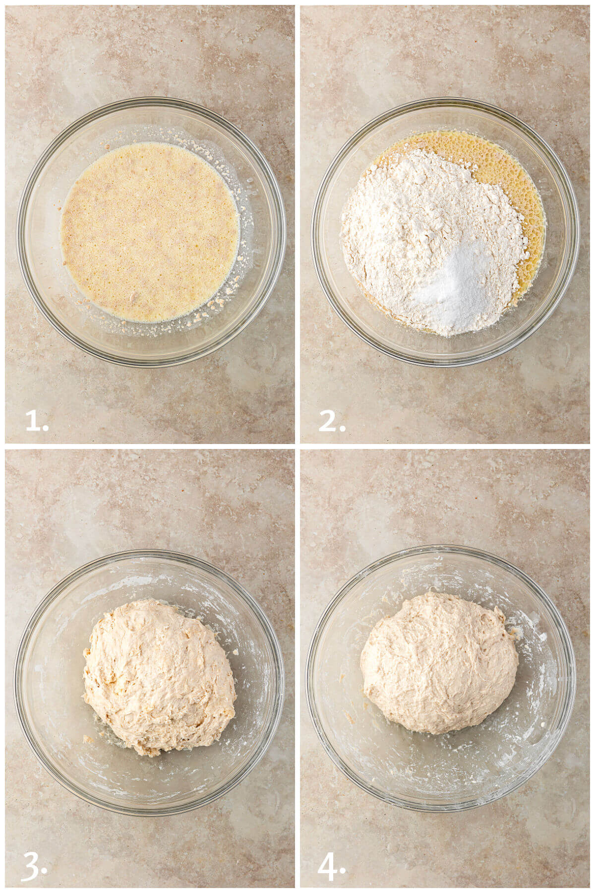 Collage of four photos showing steps 1-4 for how to make sourdough cinnamon roll focaccia.