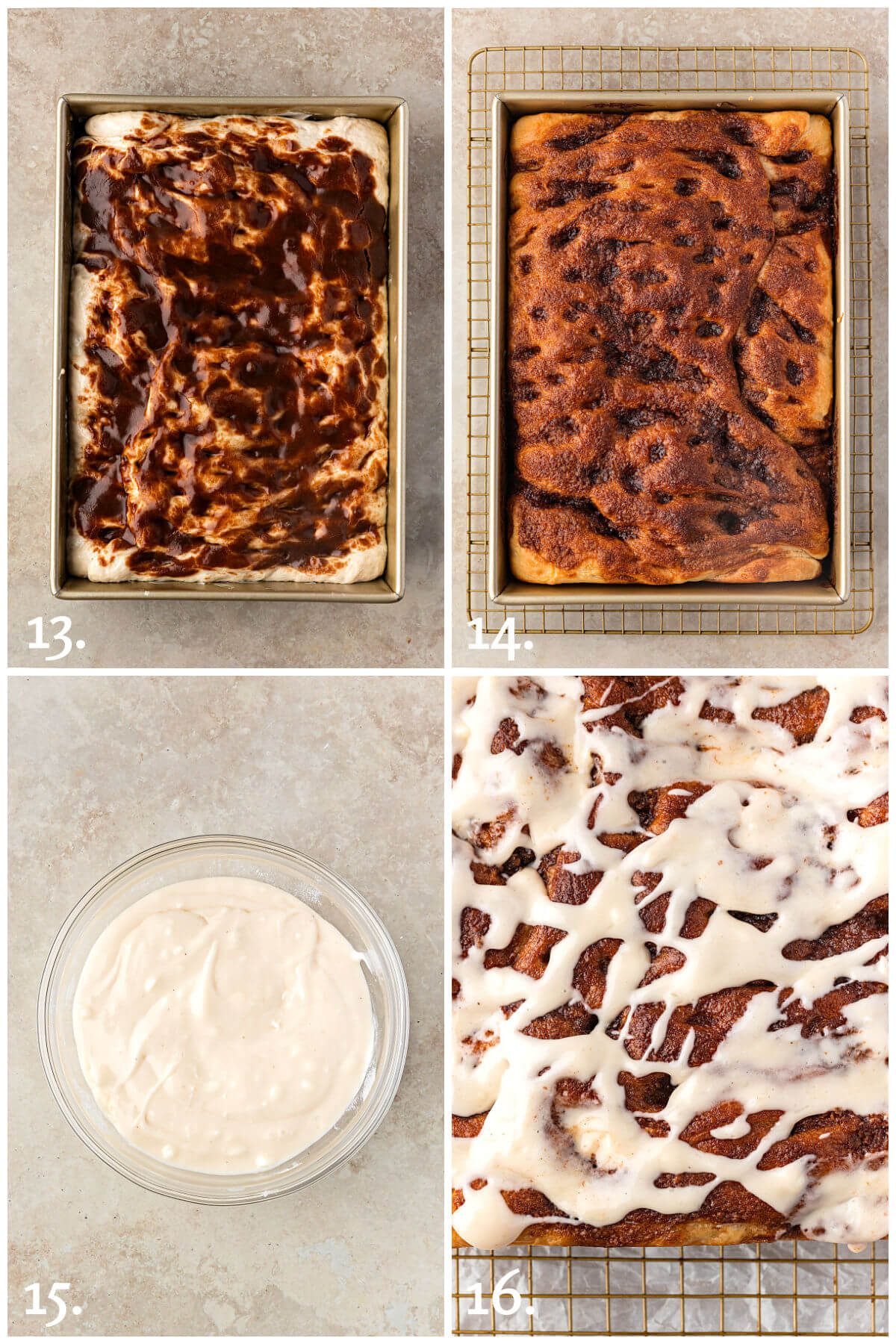Collage of four photos showing steps 13-16 for how to make sourdough discard cinnamon roll focaccia.