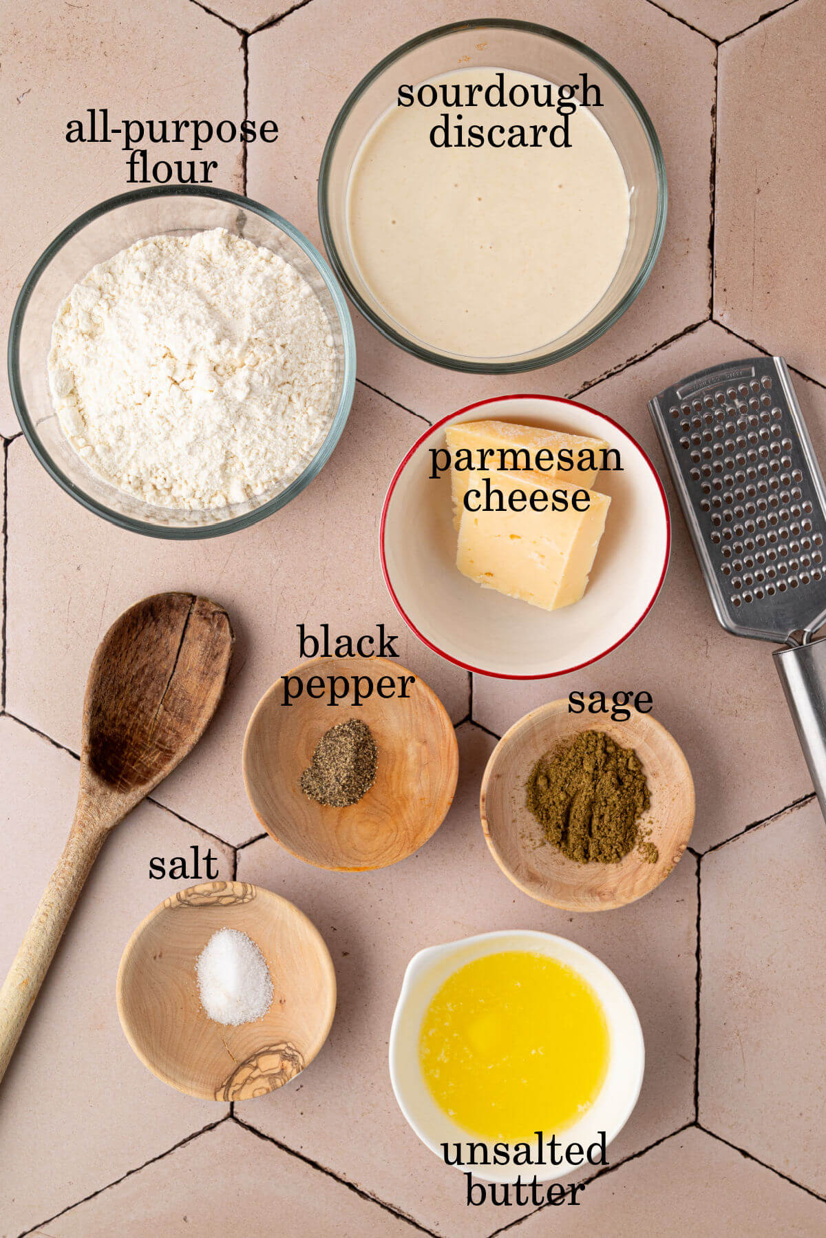 Ingredients in small bowls with text overlay labeling each ingredient.