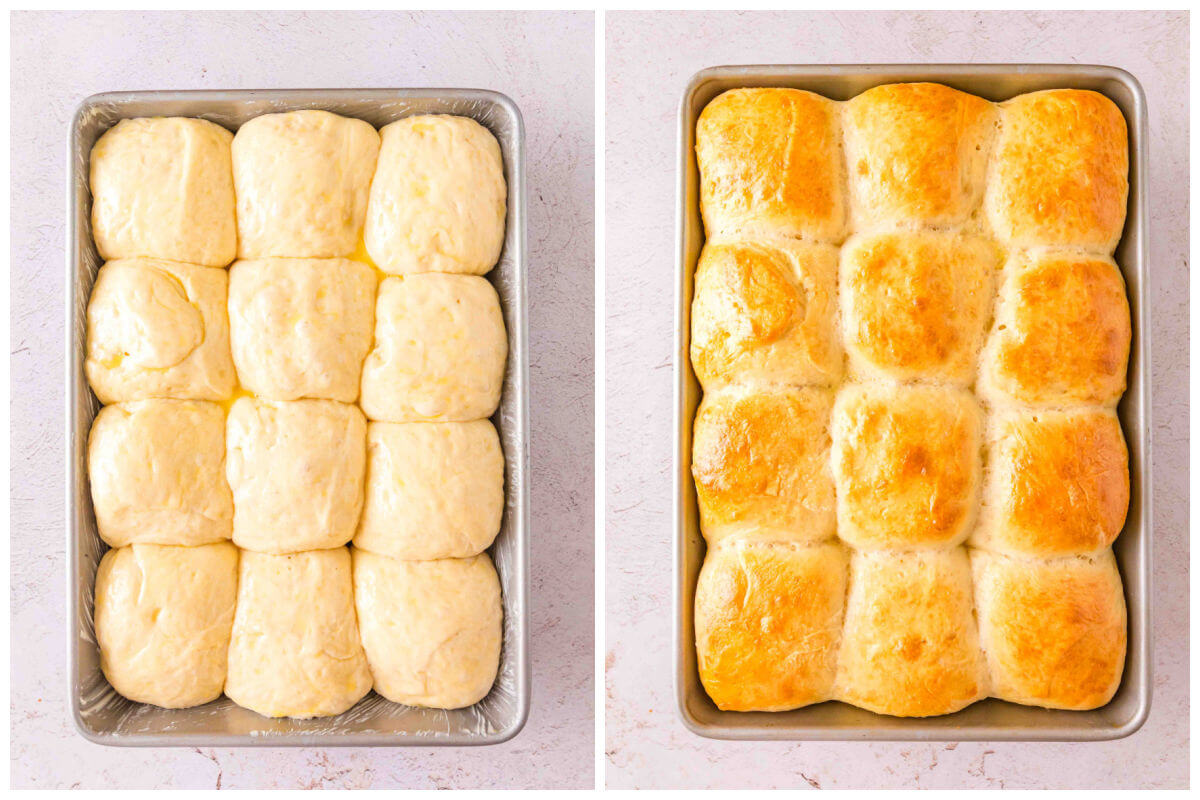 Collage of two photos showing sourdough discard rolls in a baking pan, before and after baking.
